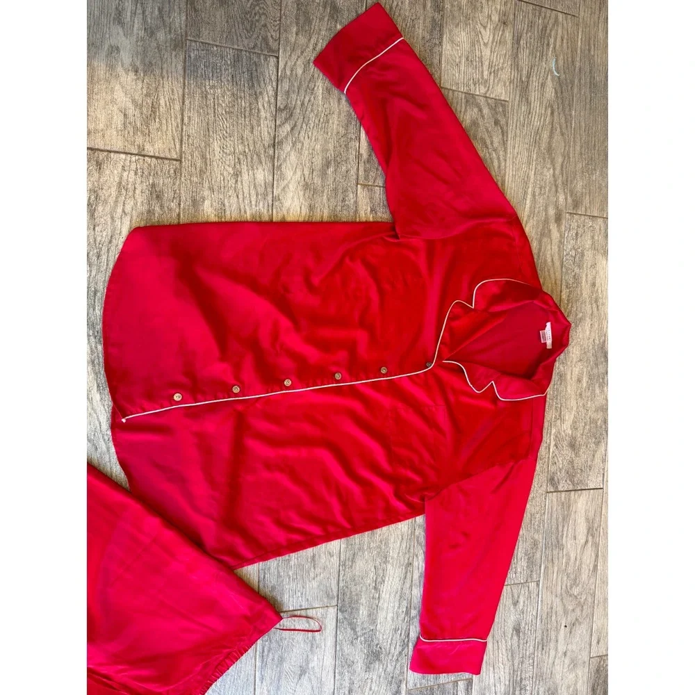 Natori Pajama Set 2‎ pc Large Red Satin Shirt Button Down Long Sleeve Pants ReAd